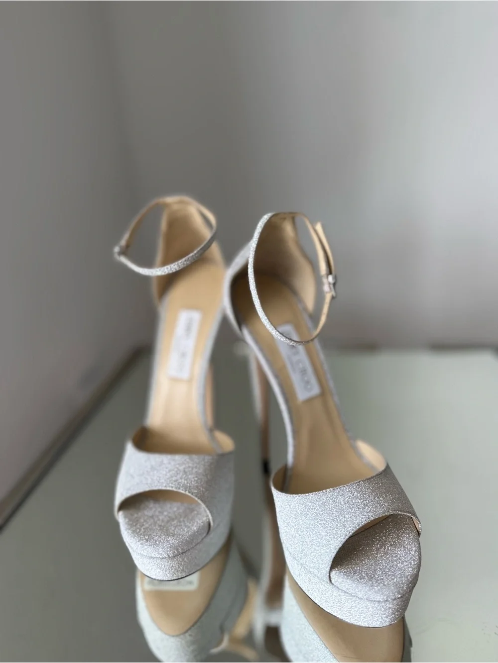 New Jimmy Choo Max 150 Metallic Silver Glitter Fabric Platform Stiletto Sandals
